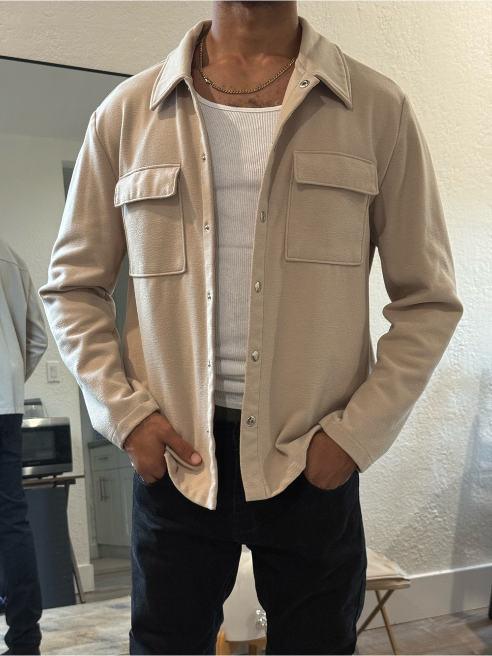 H&M Beige Lightweight Shirt Jacket - Neutral Button-Up Shacket